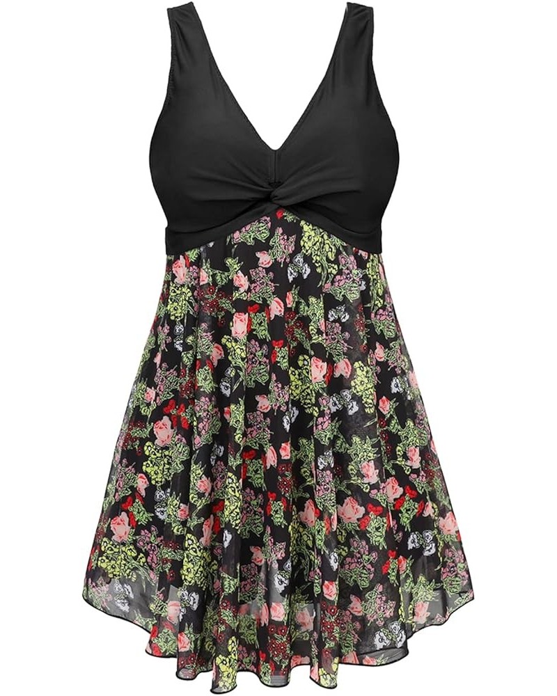 Women's Plus Size Printing Padded High Waist Swimdress Black Green Flower $20.90 Swimsuits