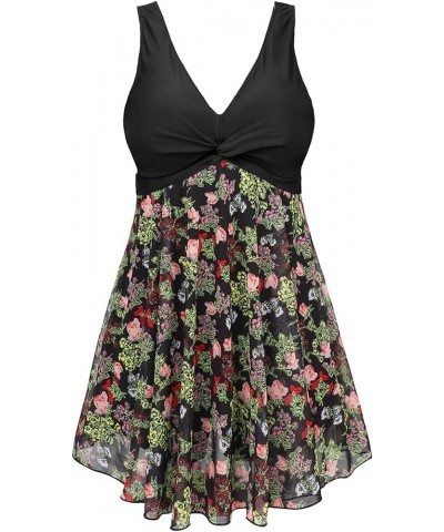 Women's Plus Size Printing Padded High Waist Swimdress Black Green Flower $20.90 Swimsuits