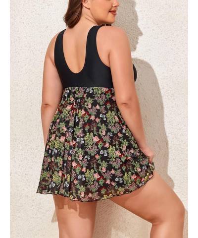 Women's Plus Size Printing Padded High Waist Swimdress Black Green Flower $20.90 Swimsuits