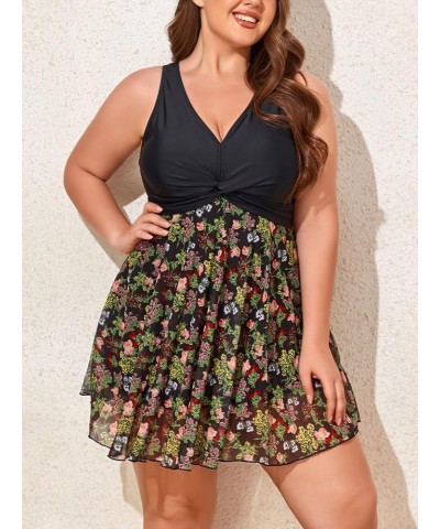 Women's Plus Size Printing Padded High Waist Swimdress Black Green Flower $20.90 Swimsuits