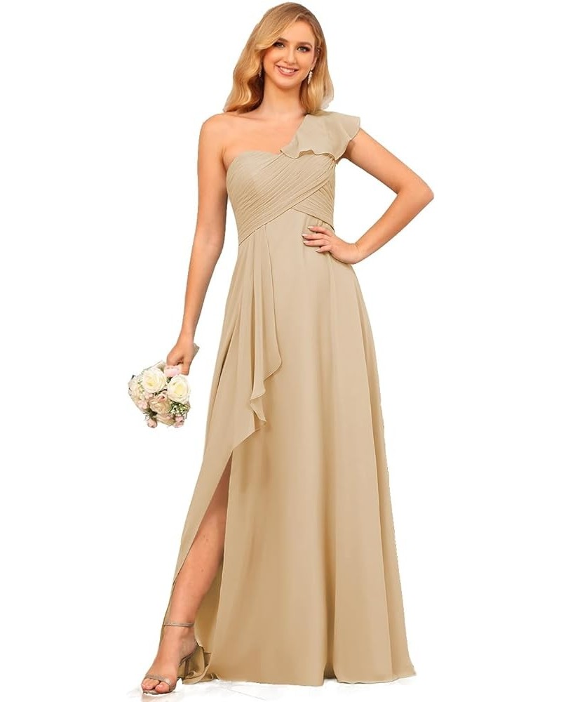 Chiffon One Shoulder Bridesmaid Dress with Slit Pleated Ruffles Long A Line Formal Prom Dress for Women AD001 Champagne $26.9...
