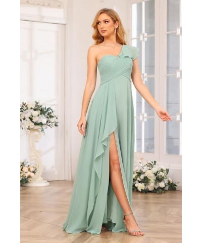 Chiffon One Shoulder Bridesmaid Dress with Slit Pleated Ruffles Long A Line Formal Prom Dress for Women AD001 Champagne $26.9...