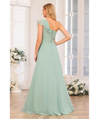 Chiffon One Shoulder Bridesmaid Dress with Slit Pleated Ruffles Long A Line Formal Prom Dress for Women AD001 Champagne $26.9...