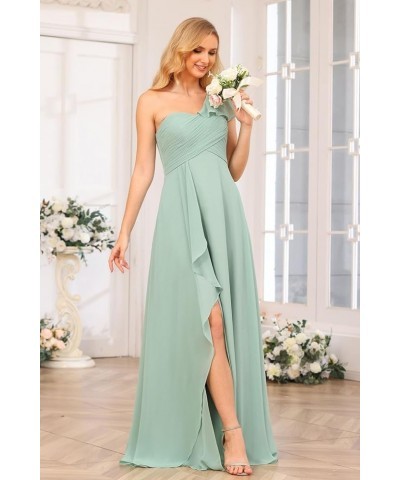 Chiffon One Shoulder Bridesmaid Dress with Slit Pleated Ruffles Long A Line Formal Prom Dress for Women AD001 Champagne $26.9...