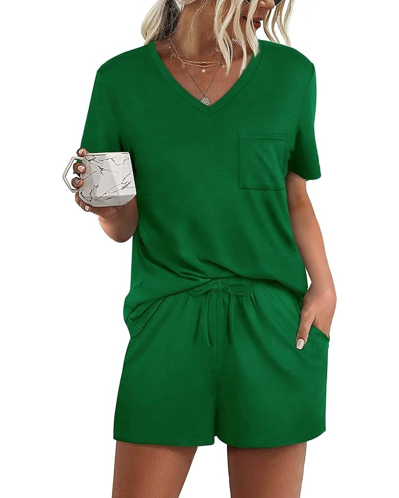 Women's Short Sleeve Pajama Sets with Pockets Casual V Neck 2 Piece Lounge Sets S-3XL 02-green $13.06 Sleep & Lounge