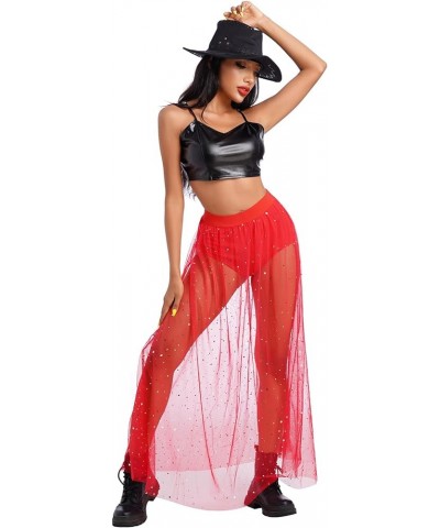 Women's 2-in-1 Sequins Mesh Skirt with Bottom Glitter Star Transparent Beach Cover Up Disco Rave Dance Party Outfit Red $8.95...