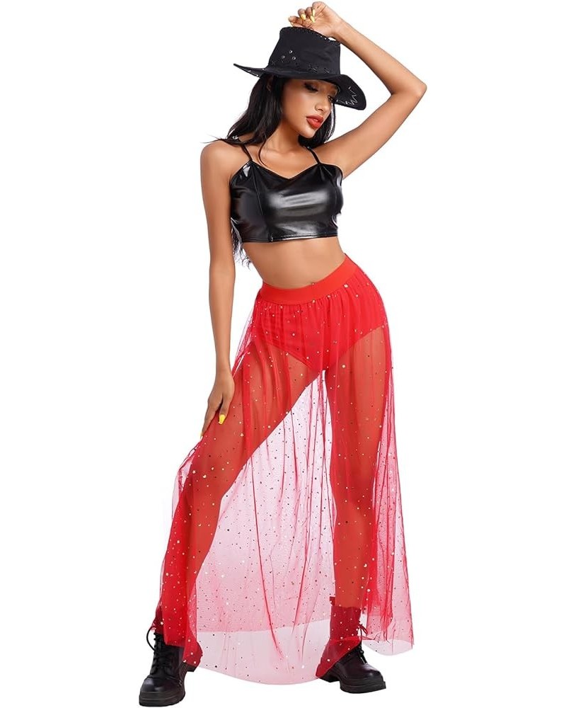 Women's 2-in-1 Sequins Mesh Skirt with Bottom Glitter Star Transparent Beach Cover Up Disco Rave Dance Party Outfit Red $8.95...