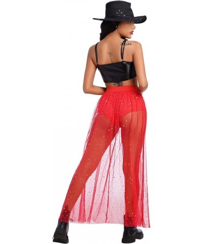 Women's 2-in-1 Sequins Mesh Skirt with Bottom Glitter Star Transparent Beach Cover Up Disco Rave Dance Party Outfit Red $8.95...