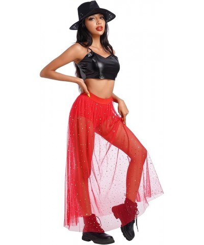 Women's 2-in-1 Sequins Mesh Skirt with Bottom Glitter Star Transparent Beach Cover Up Disco Rave Dance Party Outfit Red $8.95...