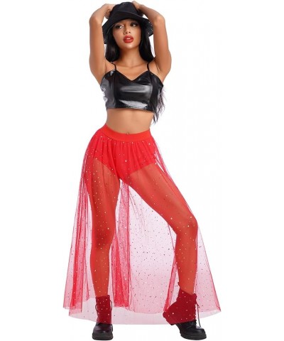 Women's 2-in-1 Sequins Mesh Skirt with Bottom Glitter Star Transparent Beach Cover Up Disco Rave Dance Party Outfit Red $8.95...