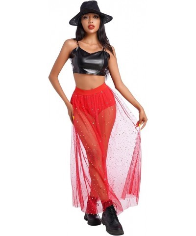 Women's 2-in-1 Sequins Mesh Skirt with Bottom Glitter Star Transparent Beach Cover Up Disco Rave Dance Party Outfit Red $8.95...