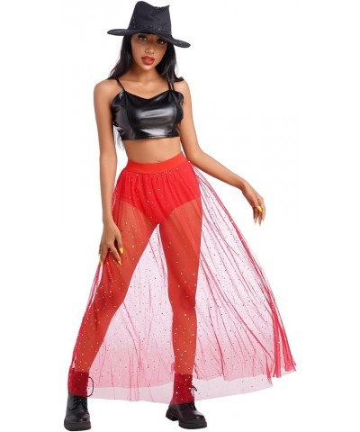 Women's 2-in-1 Sequins Mesh Skirt with Bottom Glitter Star Transparent Beach Cover Up Disco Rave Dance Party Outfit Red $8.95...