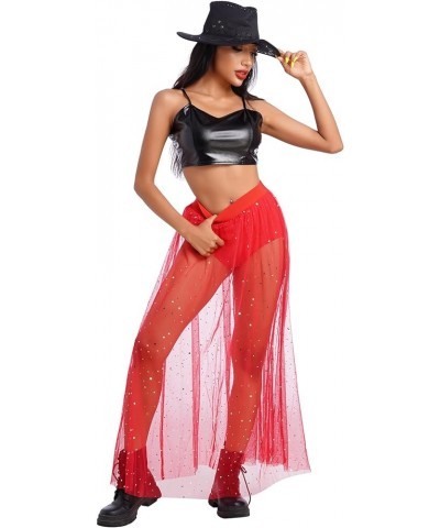 Women's 2-in-1 Sequins Mesh Skirt with Bottom Glitter Star Transparent Beach Cover Up Disco Rave Dance Party Outfit Red $8.95...