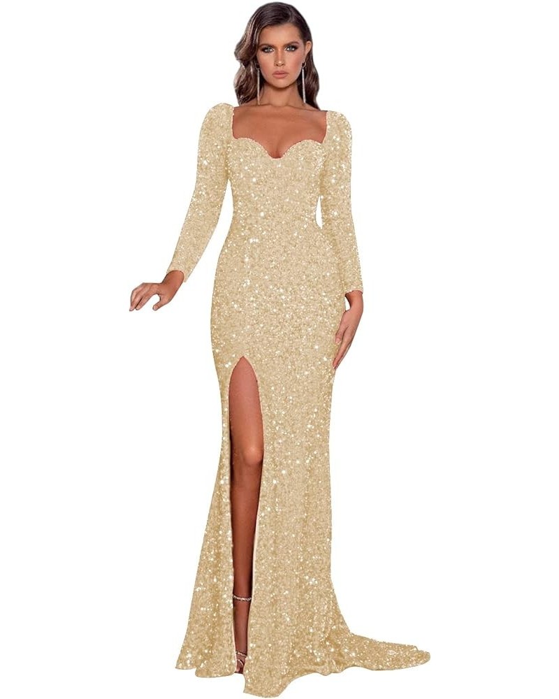 Sequin Mermaid Prom Dresses with Sleeves 2024 Sparkly Long Formal Evening Gown with Slit Champagne $30.55 Dresses