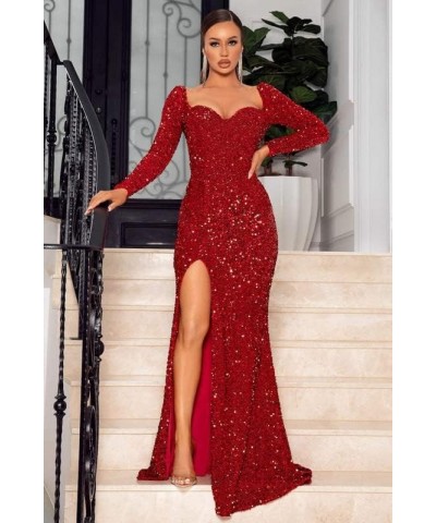 Sequin Mermaid Prom Dresses with Sleeves 2024 Sparkly Long Formal Evening Gown with Slit Champagne $30.55 Dresses