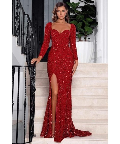 Sequin Mermaid Prom Dresses with Sleeves 2024 Sparkly Long Formal Evening Gown with Slit Champagne $30.55 Dresses