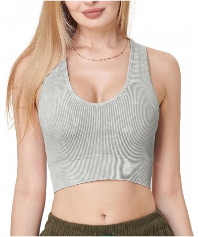 Women's 3 Pack Ribbed Racerback Crop Tank Top Seamless V-Neck Athletic Workout Cropped Tank Top Set Light Gray $11.75 Tops