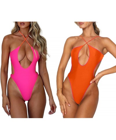 Women's Sexy Criss Cross Halter Bathing Suit Cut Out Backless Monokini Swimsuits One Piece Reversible Pink $20.50 Swimsuits