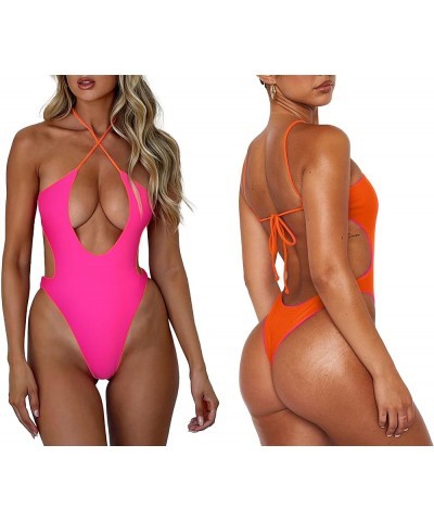 Women's Sexy Criss Cross Halter Bathing Suit Cut Out Backless Monokini Swimsuits One Piece Reversible Pink $20.50 Swimsuits