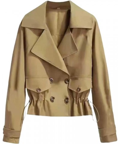 Cropped Trench Coat for Women Plus Size Notch Lapel Jackets Single-Breasted Ruffled Drawstring Hem Pea Coat Overcoat Khaki $1...