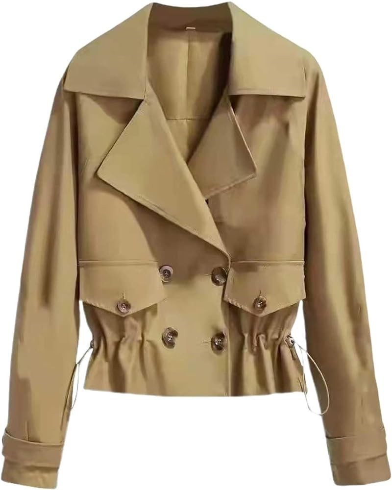 Cropped Trench Coat for Women Plus Size Notch Lapel Jackets Single-Breasted Ruffled Drawstring Hem Pea Coat Overcoat Khaki $1...