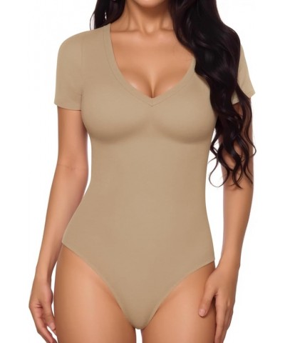 Deep V Neck Short Sleeve Tops Bodysuit for Women Clothing Light Camel $11.74 Bodysuits