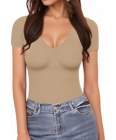 Deep V Neck Short Sleeve Tops Bodysuit for Women Clothing Light Camel $11.74 Bodysuits