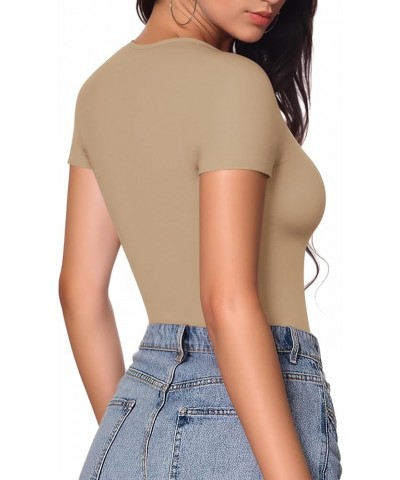 Deep V Neck Short Sleeve Tops Bodysuit for Women Clothing Light Camel $11.74 Bodysuits