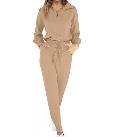 Women's Two Piece Outfits Sweater Sets Long Sleeve Pullover and Drawstring Pants Lounge Sets 05-khaki $35.87 Activewear