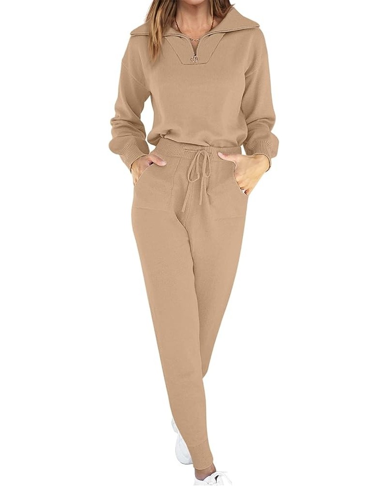 Women's Two Piece Outfits Sweater Sets Long Sleeve Pullover and Drawstring Pants Lounge Sets 05-khaki $35.87 Activewear