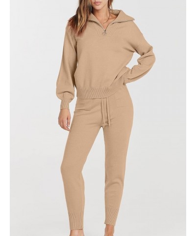 Women's Two Piece Outfits Sweater Sets Long Sleeve Pullover and Drawstring Pants Lounge Sets 05-khaki $35.87 Activewear