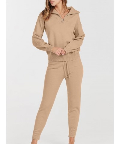 Women's Two Piece Outfits Sweater Sets Long Sleeve Pullover and Drawstring Pants Lounge Sets 05-khaki $35.87 Activewear