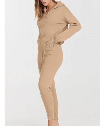 Women's Two Piece Outfits Sweater Sets Long Sleeve Pullover and Drawstring Pants Lounge Sets 05-khaki $35.87 Activewear