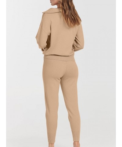 Women's Two Piece Outfits Sweater Sets Long Sleeve Pullover and Drawstring Pants Lounge Sets 05-khaki $35.87 Activewear