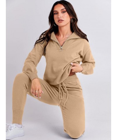 Women's Two Piece Outfits Sweater Sets Long Sleeve Pullover and Drawstring Pants Lounge Sets 05-khaki $35.87 Activewear