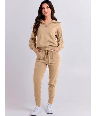 Women's Two Piece Outfits Sweater Sets Long Sleeve Pullover and Drawstring Pants Lounge Sets 05-khaki $35.87 Activewear