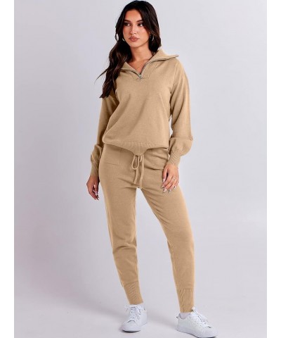 Women's Two Piece Outfits Sweater Sets Long Sleeve Pullover and Drawstring Pants Lounge Sets 05-khaki $35.87 Activewear