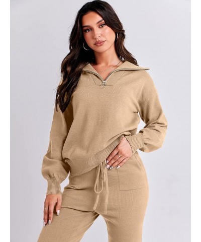 Women's Two Piece Outfits Sweater Sets Long Sleeve Pullover and Drawstring Pants Lounge Sets 05-khaki $35.87 Activewear