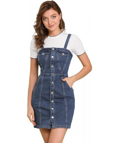 Women's Button Front Classic Adjustable Strap Overall Denim Mini Dress Dark Blue $22.61 Overalls