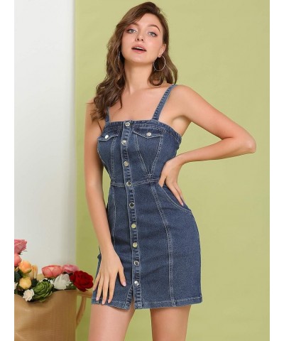 Women's Button Front Classic Adjustable Strap Overall Denim Mini Dress Dark Blue $22.61 Overalls