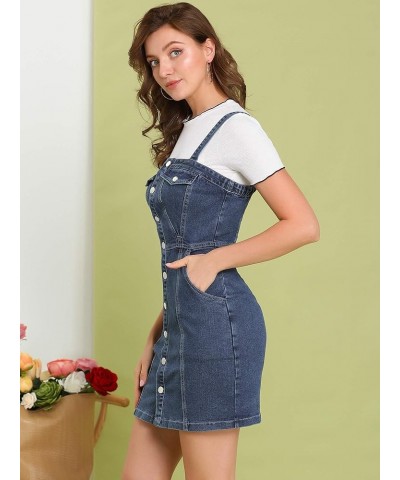 Women's Button Front Classic Adjustable Strap Overall Denim Mini Dress Dark Blue $22.61 Overalls