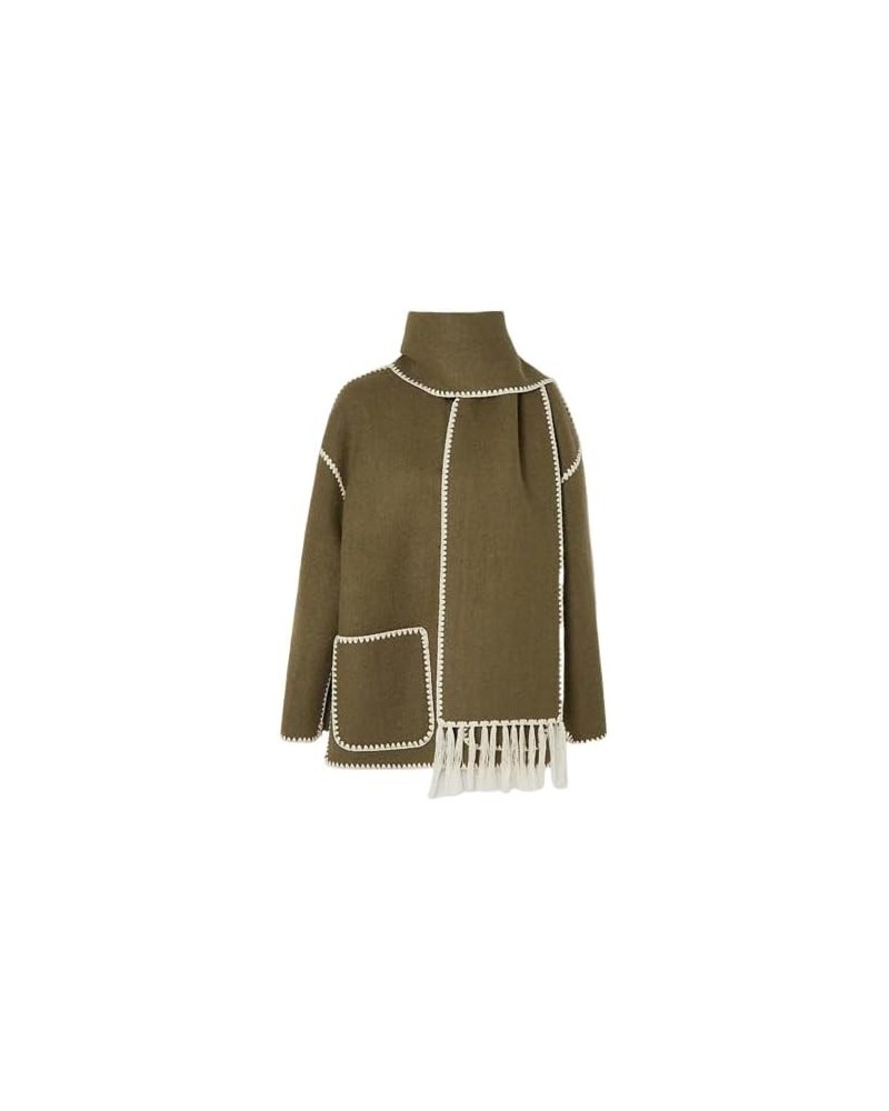 Womens Embroidered Tassel Scarf Jacket Long Sleeve Round Neck Casual Winter Coats with Pockets Armygreen $23.97 Jackets