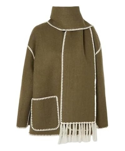 Womens Embroidered Tassel Scarf Jacket Long Sleeve Round Neck Casual Winter Coats with Pockets Armygreen $23.97 Jackets