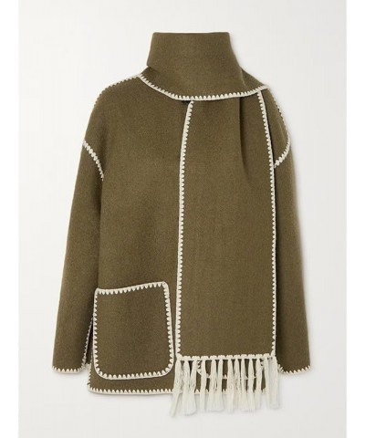 Womens Embroidered Tassel Scarf Jacket Long Sleeve Round Neck Casual Winter Coats with Pockets Armygreen $23.97 Jackets