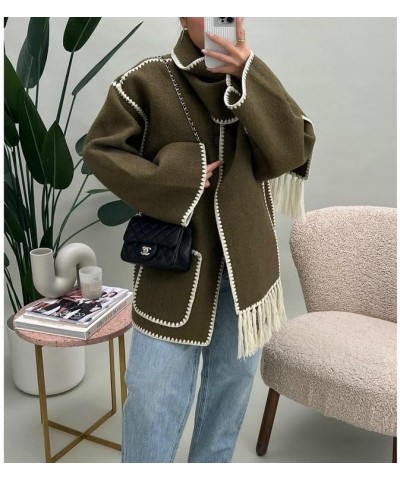 Womens Embroidered Tassel Scarf Jacket Long Sleeve Round Neck Casual Winter Coats with Pockets Armygreen $23.97 Jackets