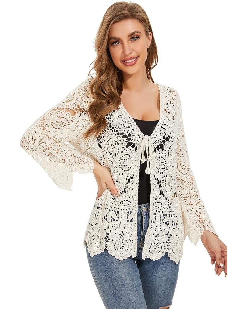 Women's Cotton Casual Floral Lace Crochet Long Sleeve Cardigan Boho Cover Up Beigr $17.27 Sweaters