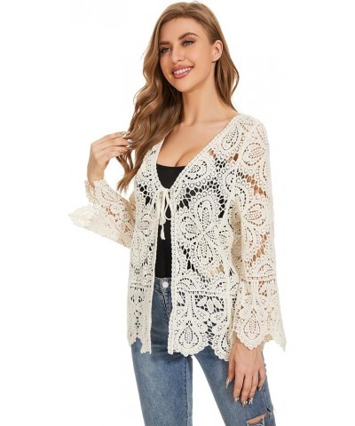 Women's Cotton Casual Floral Lace Crochet Long Sleeve Cardigan Boho Cover Up Beigr $17.27 Sweaters