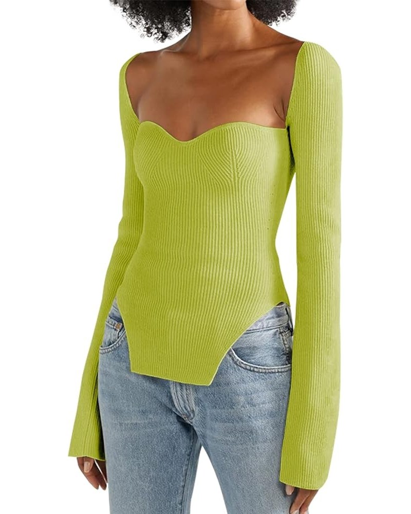 Women's Square Neck Ribbed Knitted Sweater Long Sleeve Crop Slim Fitted Basic Pullover Tops Bright Green $16.52 Sweaters