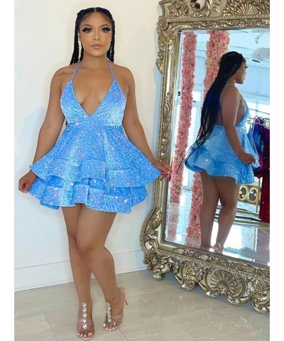 Women's Sequin Homecoming Dresses for Teens Sparkly Short Halter Tiered Prom Dress Peacock $30.24 Dresses