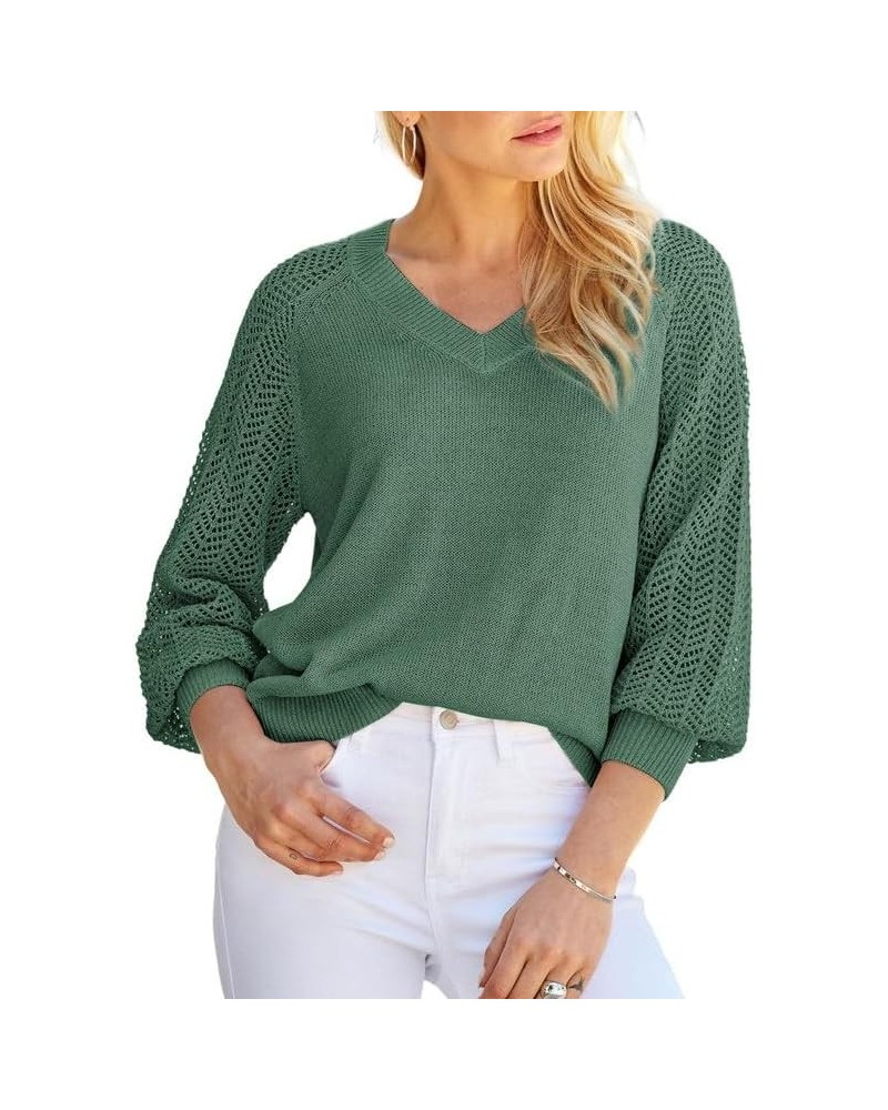 Women's Casual V-Neck Long Sleeve Sweaters Solid Color Pullover Knit Sweater Jumper Tops Mist Green $18.74 Sweaters